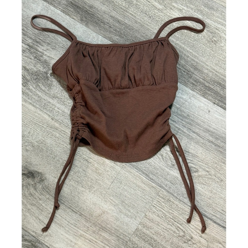 Brown Ruched Drawstring Tank Top Women's Ribbed Spaghetti Strap Crop Top